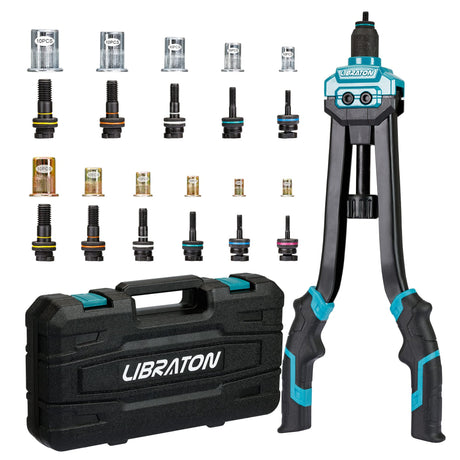 LIBRATON 16" Rivet Nut Tool, Rivet Nut Gun, Hand Rivet Nut Setter with 110PCS Rivet Nuts, 11PCS Metric & SAE Interchangeable Mandrels and Carrying Case, Easy Replace LIBRATON