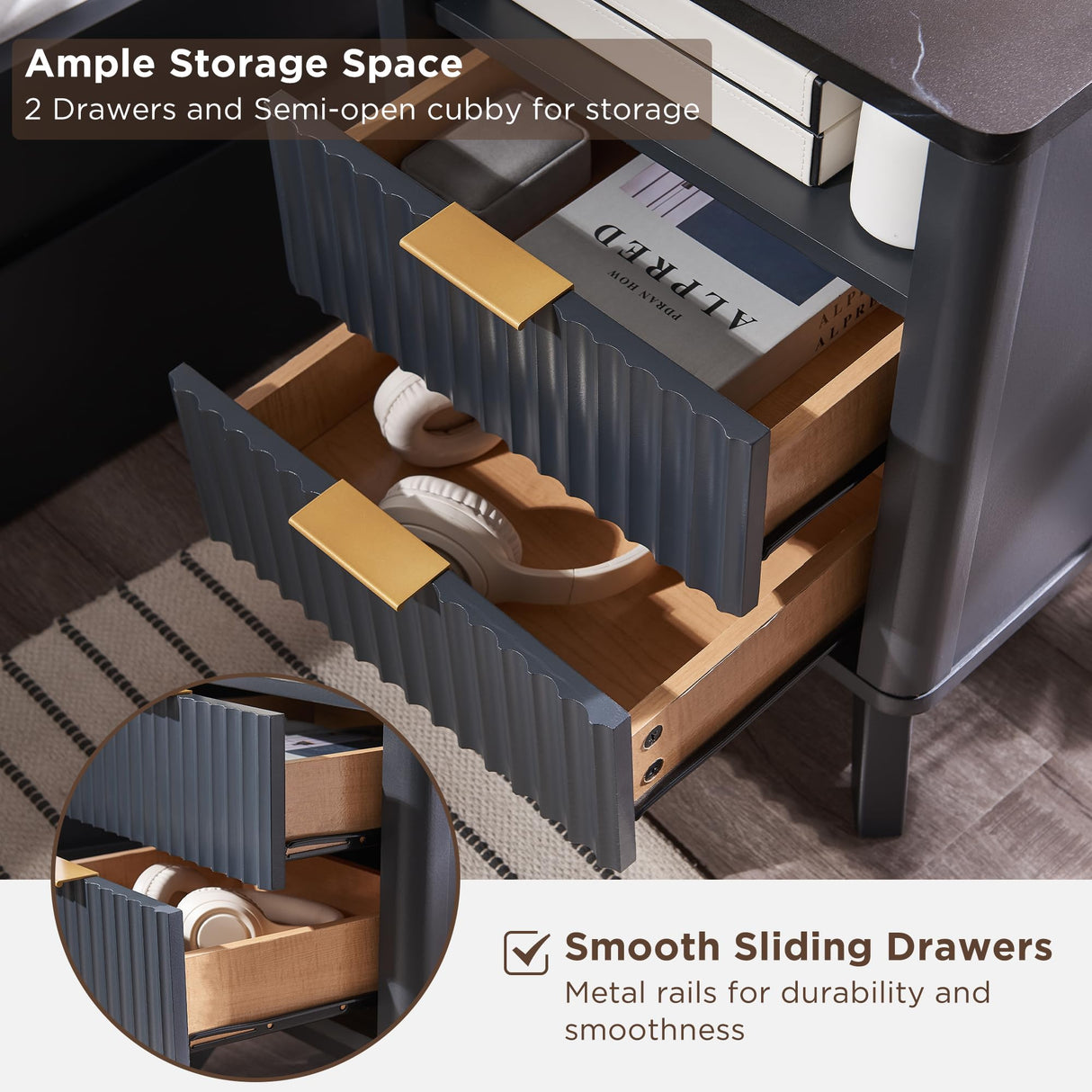 T4TREAM Fluted Nightstand with Charging Station, 18" Modern SideTable with Faux Marble Top, 2 Drawers End Table w/Storage, Bedside Table for Bedroom, Living Room, Curved Profile Design, Dark Grey T4TREAM