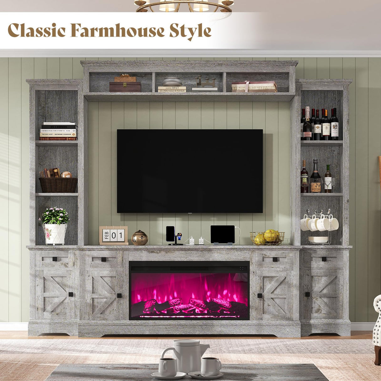 AMERLIFE 98in Farmhouse Entertainment Center with 36" Fireplace, TV Stand, Bookshelves, Wine Cabinet, Fits 75" TVs, Large Wall Unit Media Console with Power Outlets & Barn Doors, Living Room, Grey AMERLIFE