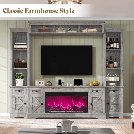 AMERLIFE 98in Farmhouse Entertainment Center with 36" Fireplace, TV Stand, Bookshelves, Wine Cabinet, Fits 75" TVs, Large Wall Unit Media Console with Power Outlets & Barn Doors, Living Room, Grey AMERLIFE