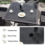 Kurapika 5-Piece Patio Furniture Outdoor Dining Set, Wicker Rattan Patio Dining Table and 4 Chairs Set, Square Tempered Glass Tabletop with Umbrella Hole, for Patio, Backyard, Grey Kurapika