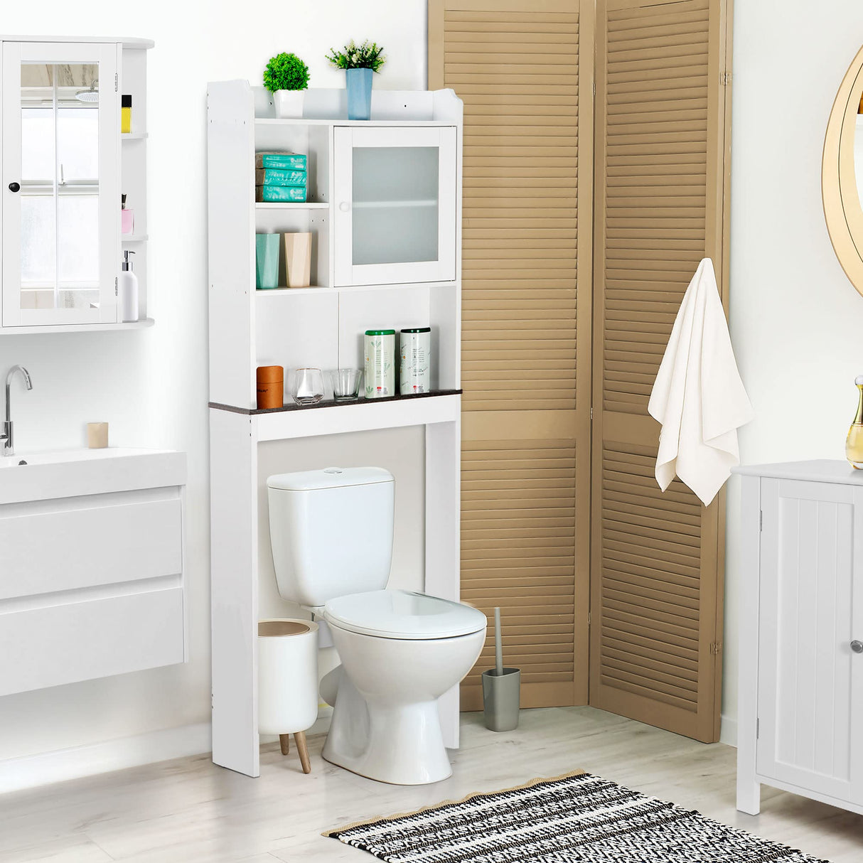SUPER DEAL Over The Toilet Bathroom Storage Cabinet Freestanding Wooden Bathroom Organizer with Adjustable Shelves and Glass Door, White SUPER DEAL