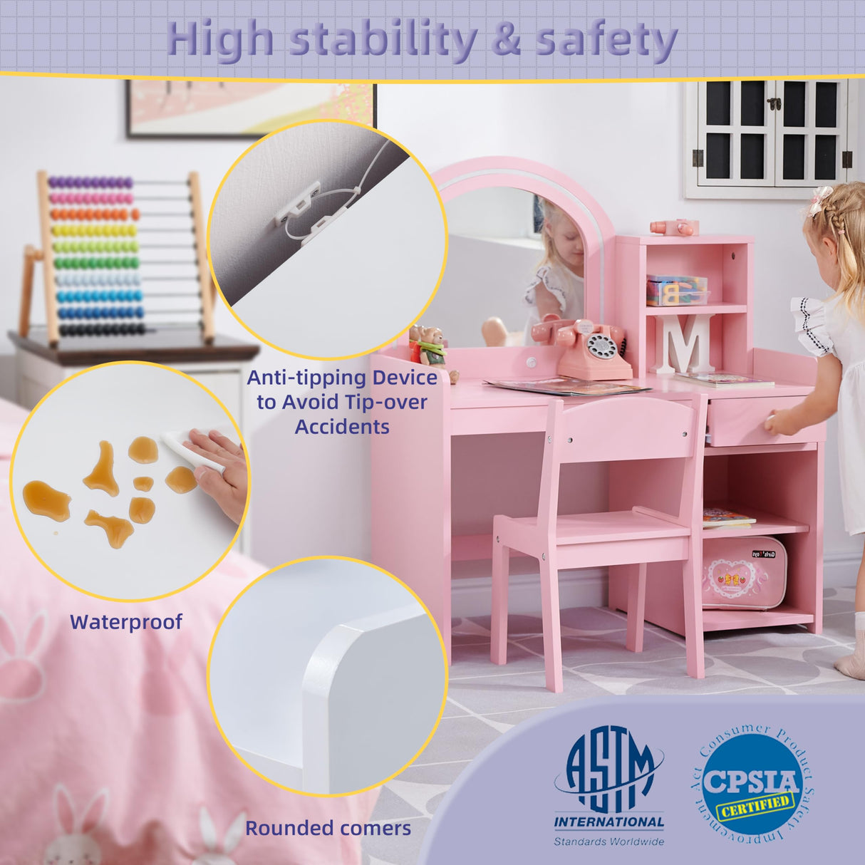 BXKX Kids Vanity with Lights, Princess Vanity Set with Drawer and Storage Shelves, 2 in 1 Toddler Makeup Vanity with Lighted Mirror, Girls Vanity Set with Stool for Little Girls (Pink) BXKX