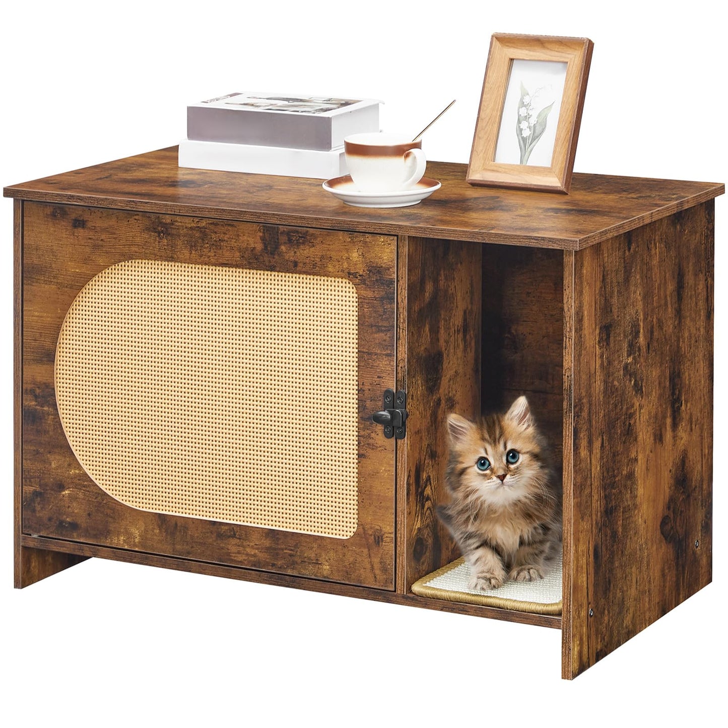 HOOBRO Cat Litter Box Enclosure with Rattan Door, Hidden Litter Box Furniture, Litter Box Enclosure with Adhesive Cat Scratching Mat, Coffee Table, 31.4" L x 17.7" W x 18.1" H, Rustic Brown FY18MW01