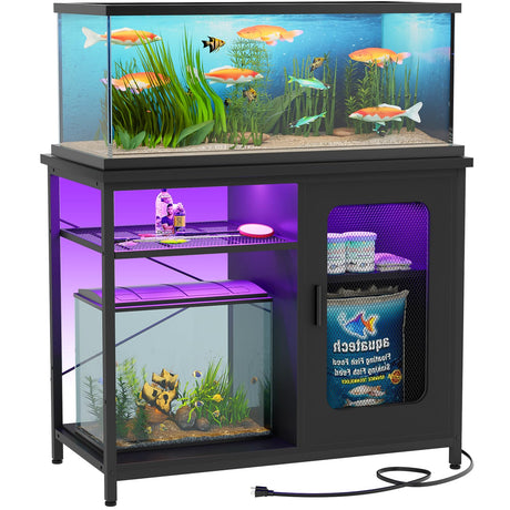 Unikito 20-29 Gallon Fish Tank Stand with Power Outlets & LED Light, Reversible Metal Aquarium Stand with Cabinet for Fish Tank Accessories Storage, Suitable for Reptile Terrarium, Turtle Tank, Black Unikito