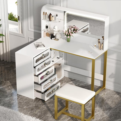 DWVO Vanity Desk with Drawers & LED Lighted Mirror 3 Lighting Mode & 48" L Shaped Corner White Vanity Set with Stool, 5 Glass Drawer Cabinet, Stylish Bedroom Makeup Table Set, White - WoodArtSupply