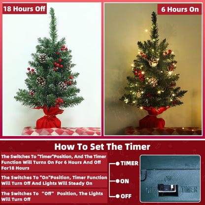 TURNMEON 2 Pack 24 Inch Lighted Small Christmas Trees, Artificial Tabletop Mini Xmas Tree with Timer 30 LED Lights 8 Pine Cones 8 Red Berried and Lifelike Branches for Christmas Holiday Indoor Decor