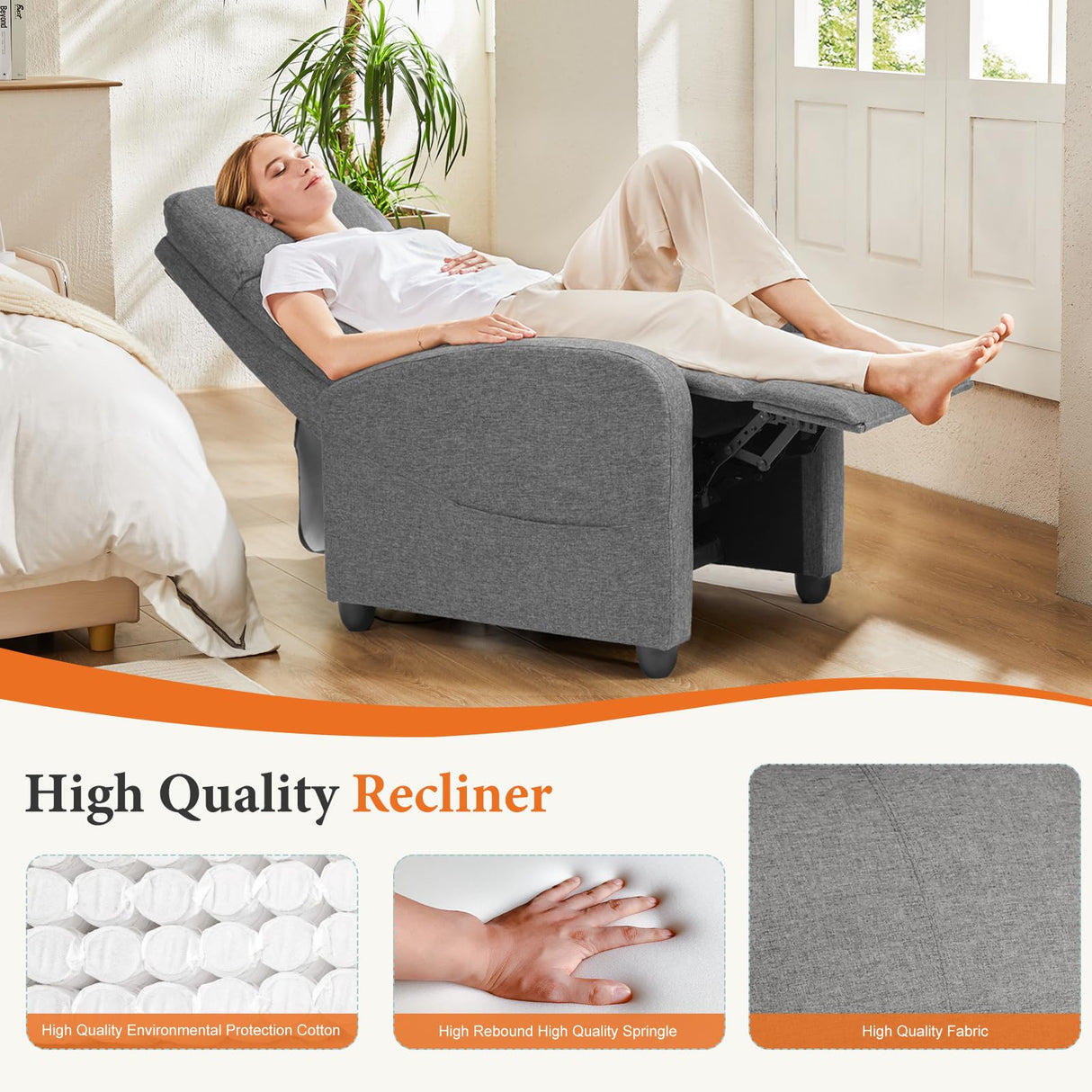 Sweetcrispy Recliner Chair Fabric Recliner Sofa No Massage, Home Theater Seating with Lumbar Support, Adjustable Push Back Overstuffed High-Density Sponge Reclining for Living Room, Slate Gray Sweetcrispy