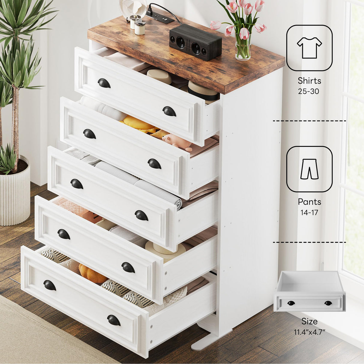 LIKIMIO 43" Tall 5 Drawers Dresser for Bedroom, Power Strip, Farmhouse Large Wood Dressers & Chest of Drawers with Wide Storage Cabinet, White LIKIMIO