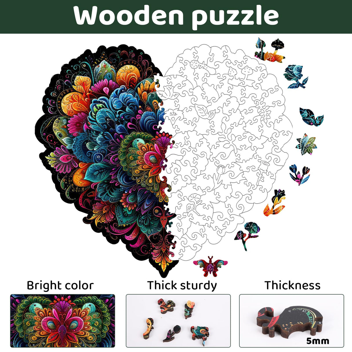 Ruikiyart Wooden Puzzles for Adults Lovers Mandala Heart Jigsaw Puzzles 500Pcs Unique Shapes Puzzles Great Gift for Adults and Couples on Valentine's Day,Women's Day,Thanksgiving 15.3x16.9 Inches Ruikiyart
