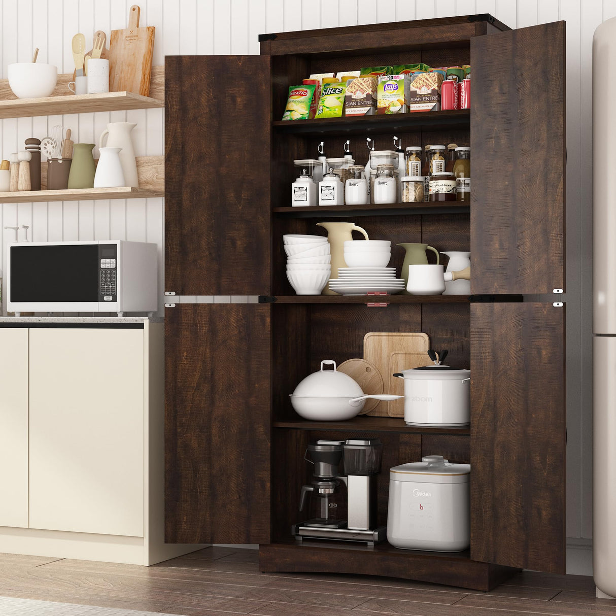 chartustriable 71in Farmhouse Kitchen Pantry Cabinet,Tall Storage Cabinet with 4 Doors and Adjustable shelves,with Load-Bearing Steel Pipe,Wood Storage Cabinets for Kitchen,Dining Room,Bathroom(Brown) chartustriable