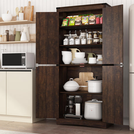 chartustriable 71in Farmhouse Kitchen Pantry Cabinet,Tall Storage Cabinet with 4 Doors and Adjustable shelves,with Load-Bearing Steel Pipe,Wood Storage Cabinets for Kitchen,Dining Room,Bathroom(Brown) chartustriable