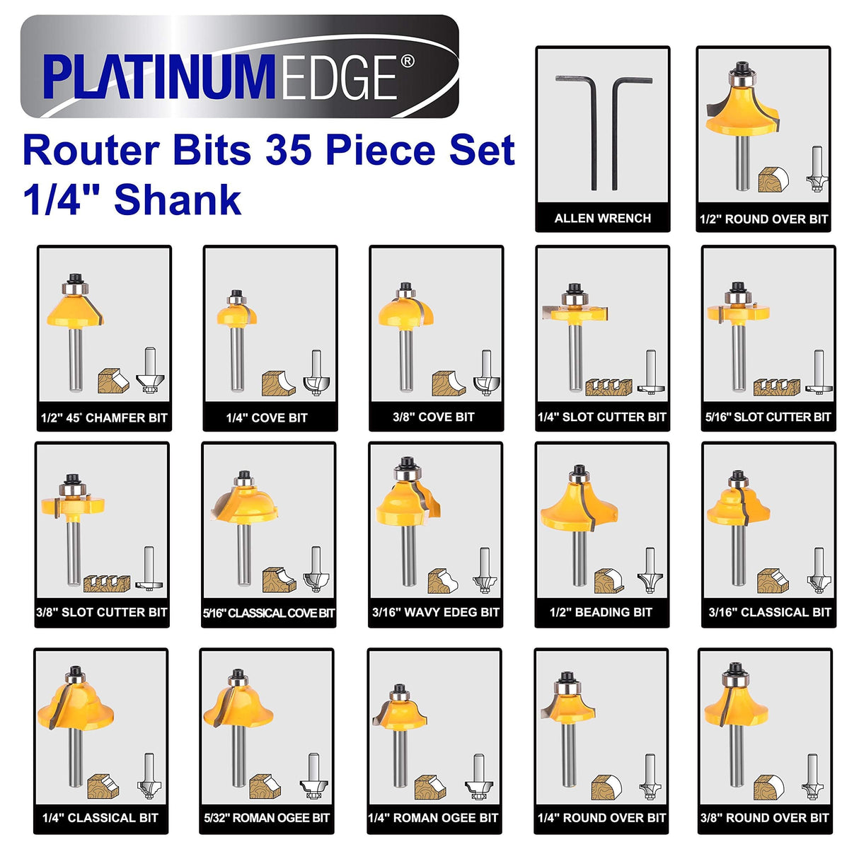 PLATINUMEDGE Router Bits Set, Tungsten Carbide Router Bits Set 1/4 Shank, Router Bit Kit for DIY, Woodworking Project, 35 Piece Set with Premium Aluminum Carry Storage Case PLATINUMEDGE