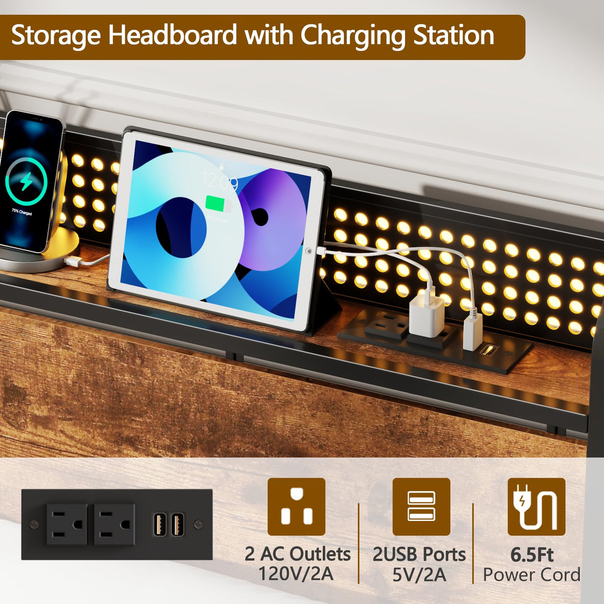 Furnulem Queen Size Bed Frame with Headboard, Platform Bed Frame Queen Size with 2 Storage Drawers and Charging Station & LED Lights, No Box Spring Needed, Noise Free Furnulem