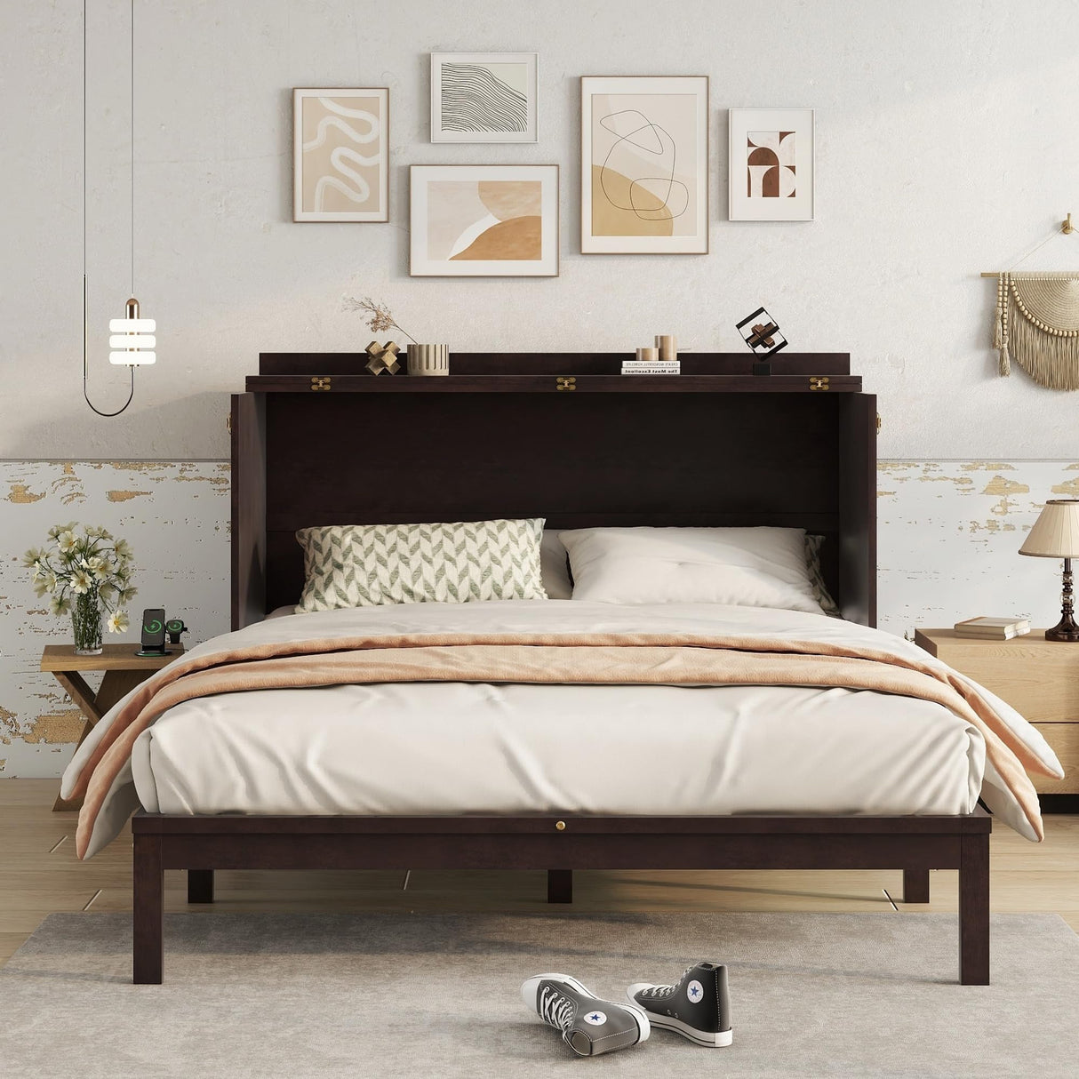 KEIKI Queen Murphy Bed Cabinet – Foldable Wall Bed w/USB, Rattan Panel & Drawer – Space-Saving, Heavy-Duty Frame – for Apartments/Guest, Espresso KEIKI