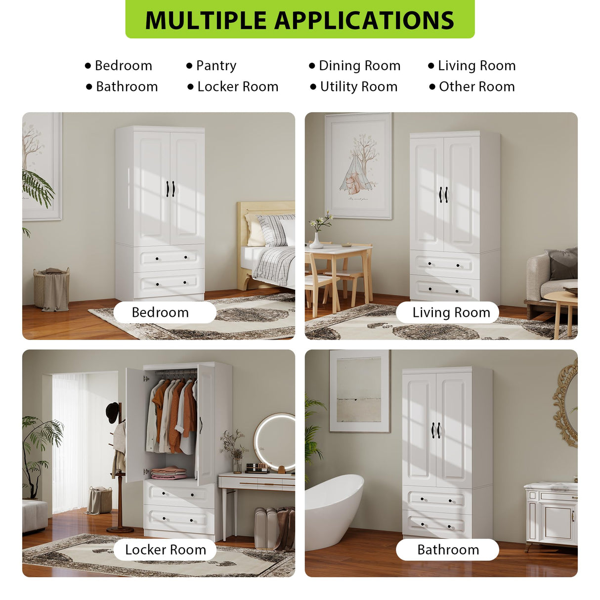 Keloyid Armoire Wardrobe Closet: Wood White Bedroom Armoire Storage Cabinet for Large Capacity with 2 Doors, Tall Armoire and Wardrobe Closet with 2 Drawers & Hanging Rail Keloyid