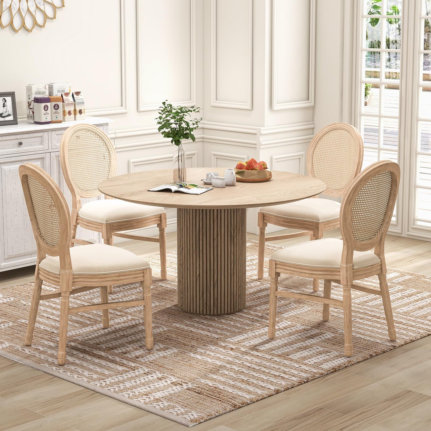 GOFLAME French Country Dining Chairs Set of 2, Upholstered Farmhouse Dining Chairs with Round Rattan Back and Seat, Accent Side Chairs with Solid Wood Frame for Living Room, Dinging Room, Kitchen