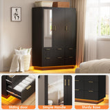 PAKASEPT Large Wardrobe Closet, Armoire Closet with Door and Mirror, LED Lights, Hanging Rod, Drawers, Armoires and Wardrobes for Bedroom (Black) PAKASEPT