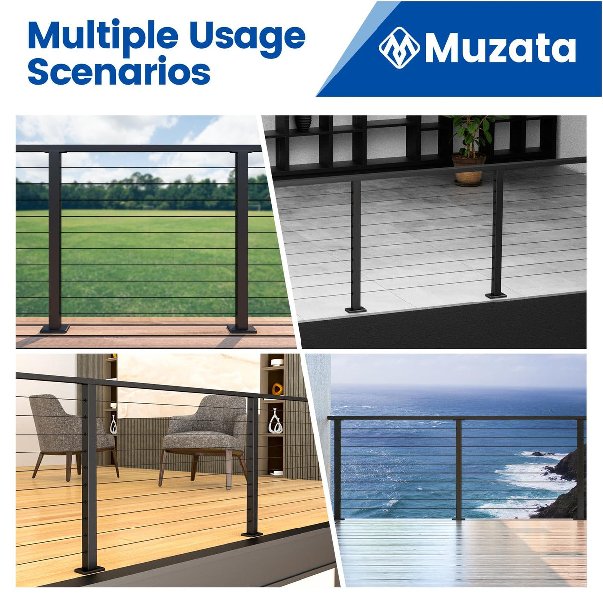 Muzata Aluminum Black Cable Railing Post 36 Inch 36"X2"x2" Level Drilled Surface Mount Cable Railing System Kit Indoor Outdoor Seaside with Paper User Guide PD02 BHAS Muzata