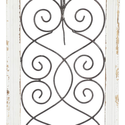 Deco 79 Wood Scroll Home Wall Decor Arched Window Inspired Wall Sculpture with Metal Scrollwork Relief, Wall Art 10" x 1" x 20", White