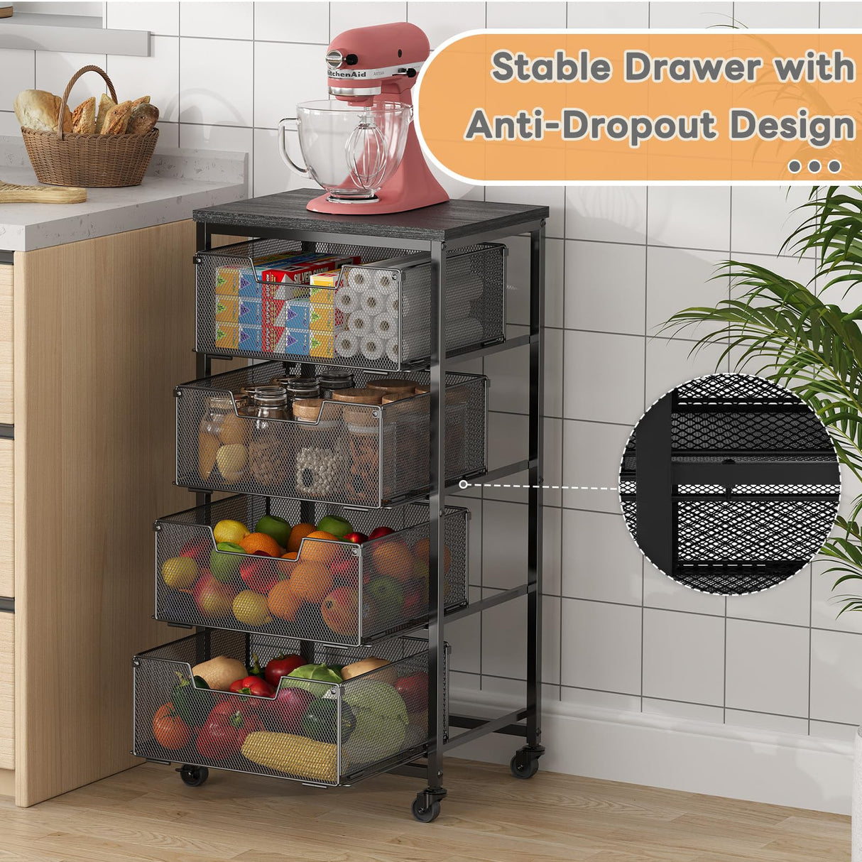 4-Tier Fruit Vegetable Storage Cart - Kitchen Organizer and Storage Cart with Wheels, Wooden Top Metal Wire Fruit Vegetable Rack Stand with Drawers to Storage Onions Potatoes Cans Snacks for Kitchen Yociyoga