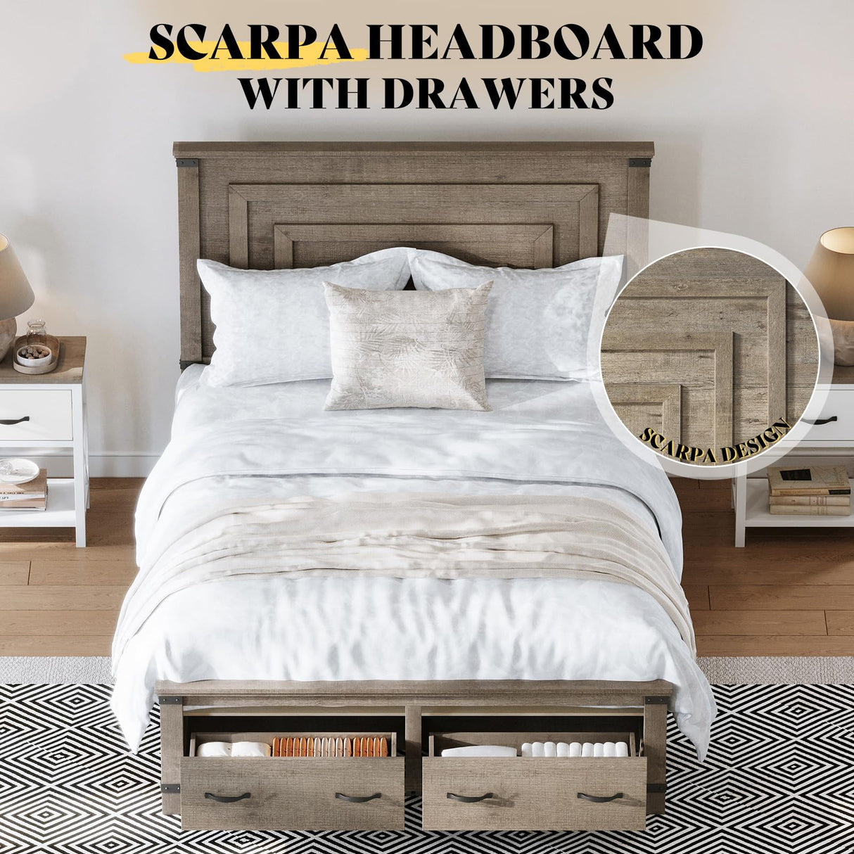 AMERLIFE Farmhouse Full Size Bed Frame with 54" Tall Geometric Headboard & Footboard, Rustic Wood Platform Bed Frame with Large Storage Drawers, Wood Slats Support, No Box Spring Needed, Rustic Grey AMERLIFE