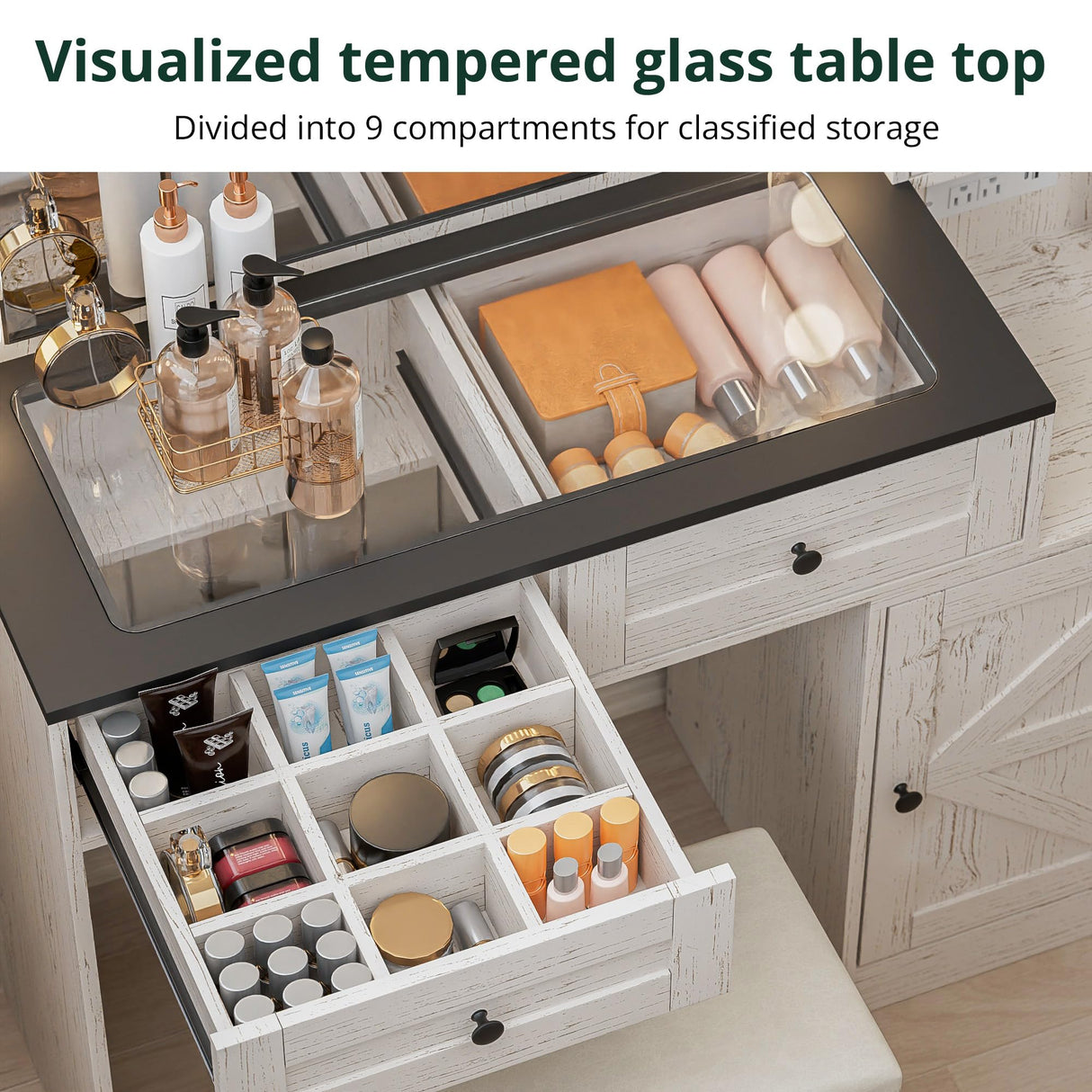 SunsGrove Farmhouse 43.3" Vanity Desk with Hollywood Makeup Mirror and Lights, White Vanity with 2 Drawers & 2 Cabinets, Large Modern Vanity Desk with Vanity Storage Chair for Bedroom (Antique White) SunsGrove