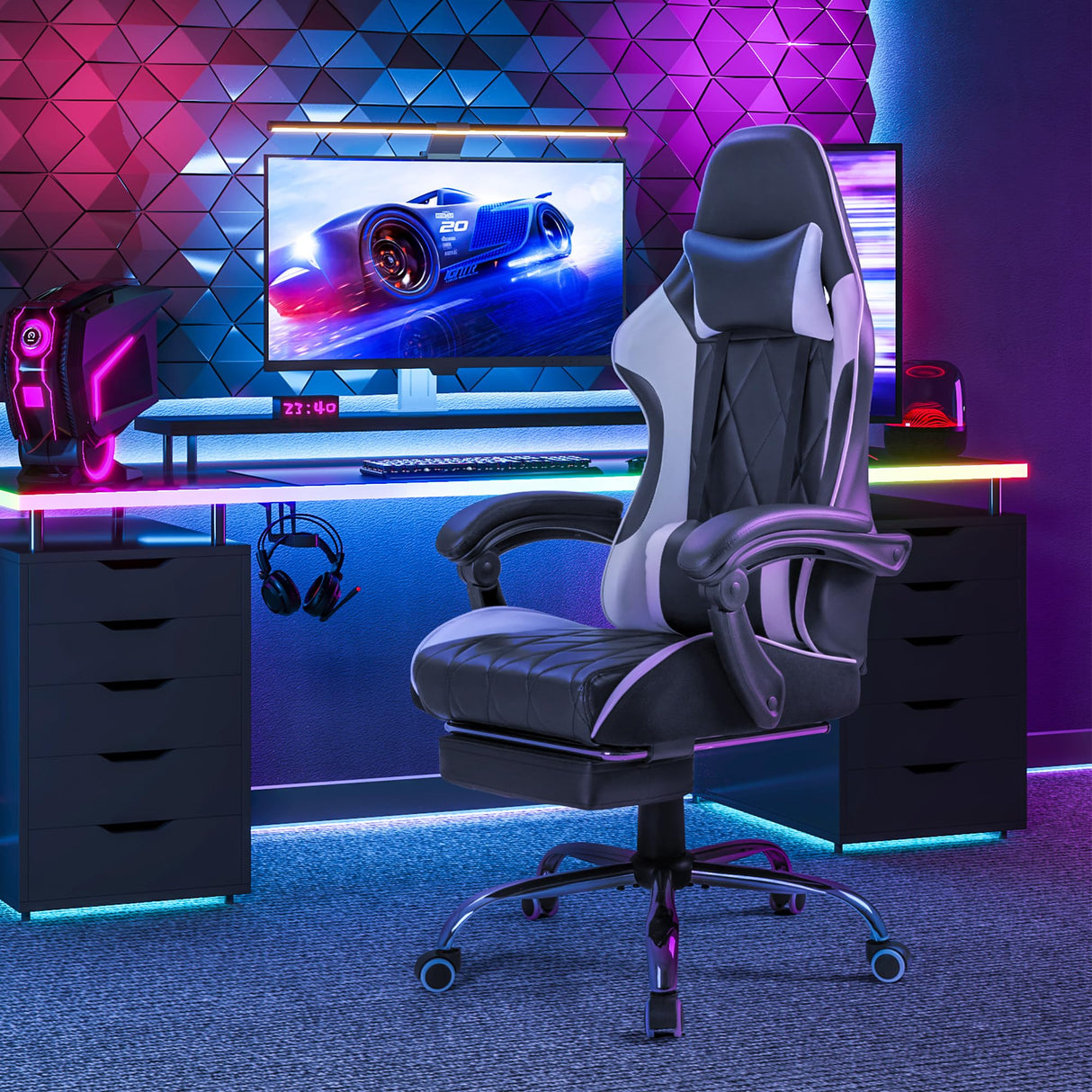 Homall Gaming Chair, Computer Chair with Footrest and Massage Lumbar Support, Ergonomic High Back Video Game Chair with Swivel Seat and Headrest (White) Homall