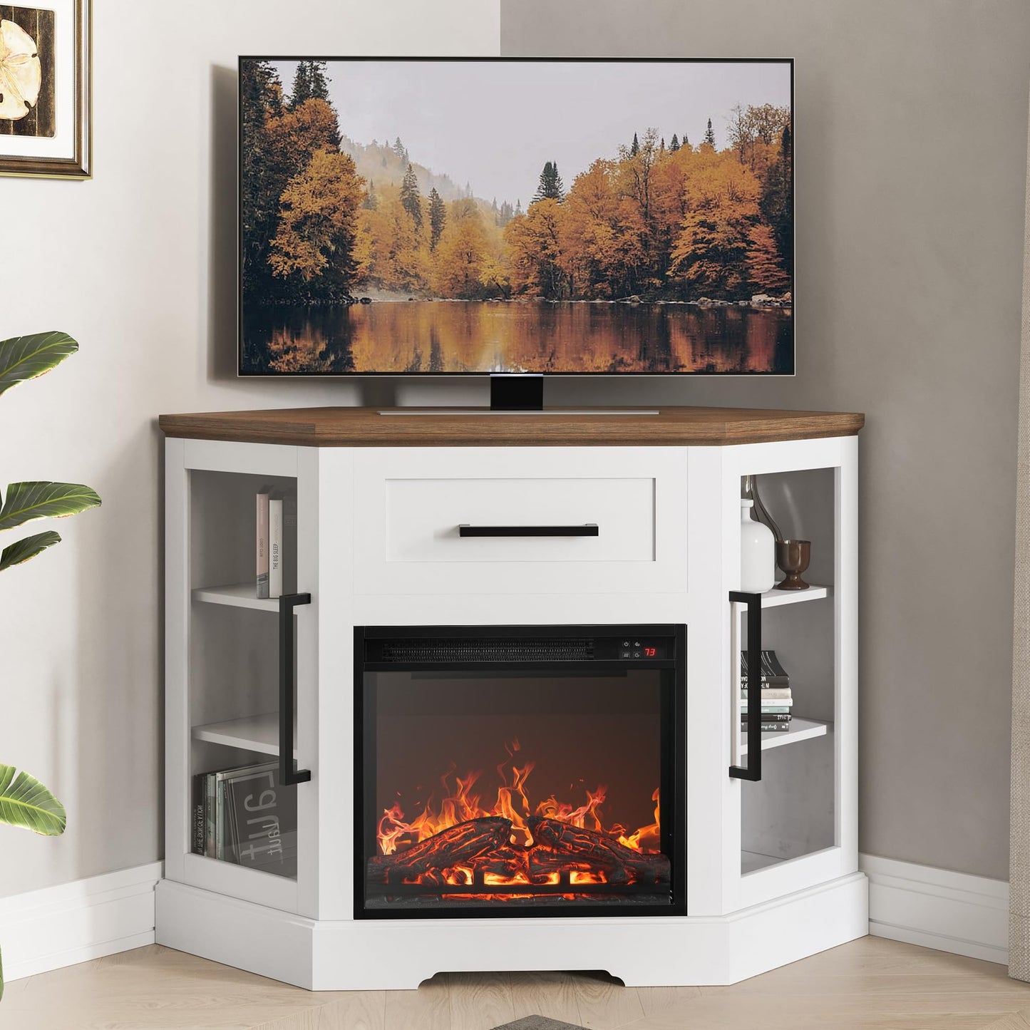 BELLEZE 43" Corner TV Stand with 18" Electric Fireplace Heater for TVs up to 43", Modern Corner Wood Entertainment Center with Glass Door Storage Cabinets - Dale (White)