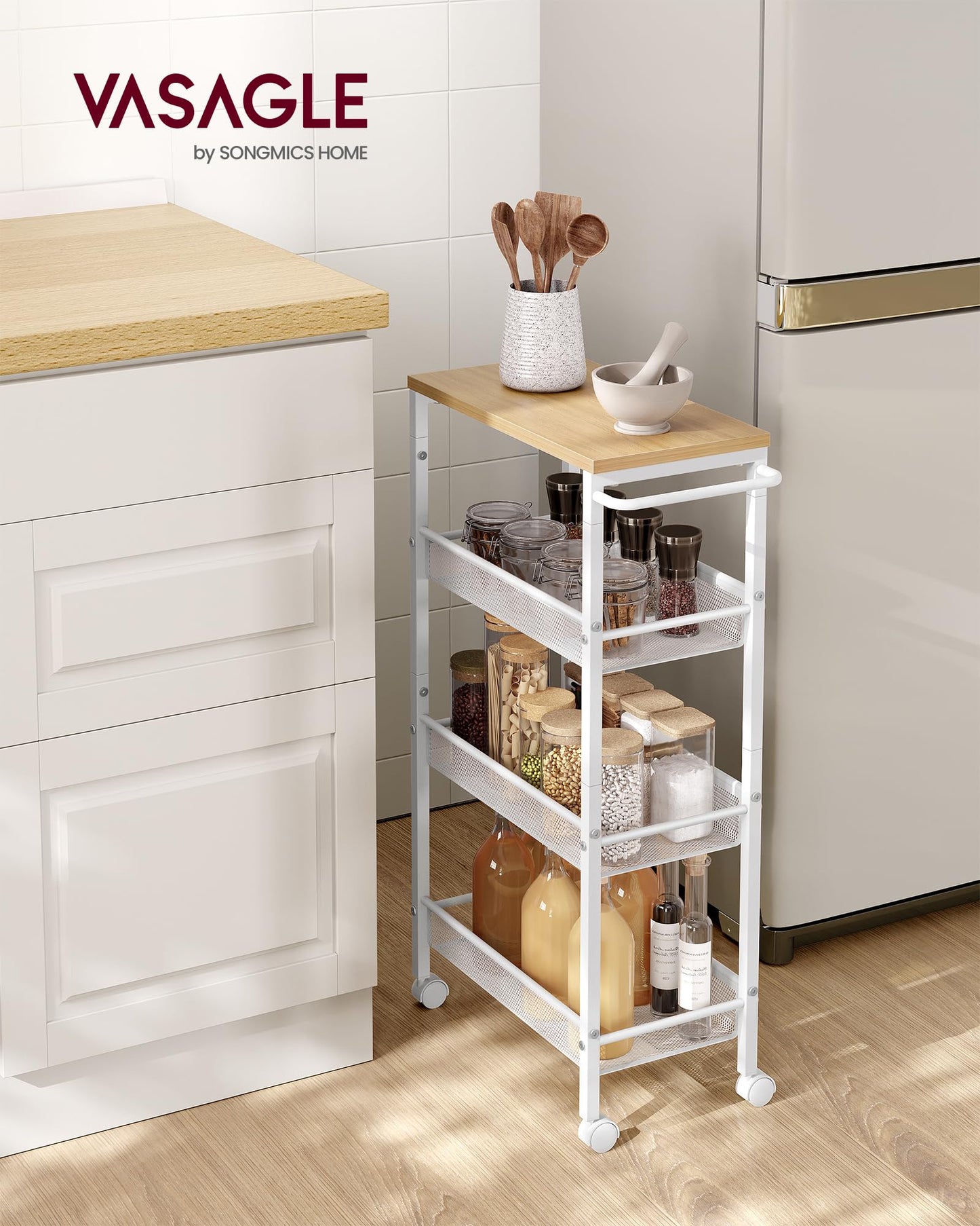 VASAGLE Slim Rolling Cart, 4-Tier Storage Cart, Narrow Cart with Handle, 8.7 Inches Deep, Metal Frame, for Kitchen, Dining Room, Living Room, Home Office, Oak Beige and Classic White ULRC033W09