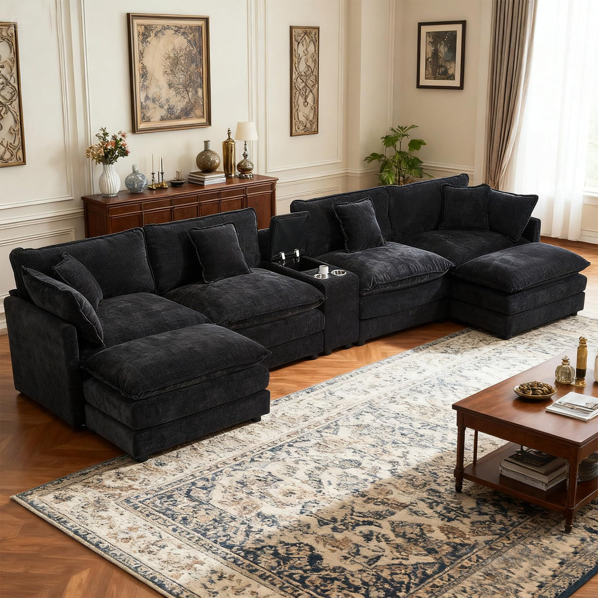 VEPXXP Oversized Modular Sectional Sofa, 159" Modern Large 6 Seater U Shaped Sectional Couch with Ottoman, Comfy Cloud Couches with Cup Holders & USB for Living Room, Spacious Space (Black) VEPXXP