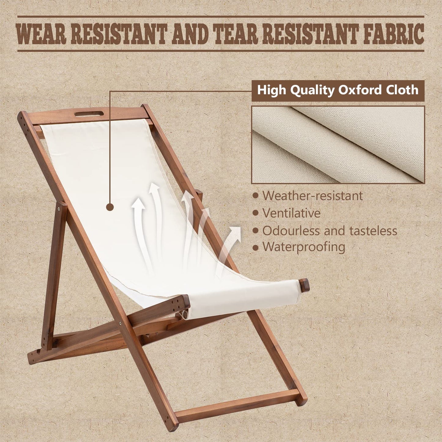 Outdoor Wooden Patio Lounge Chair 2 Set Beach Sling Chair Set Height Portable Reclining Beach Chair Solid Wood Frame with White Polyester Canvas 3 Level,Khaki - WoodArtSupply