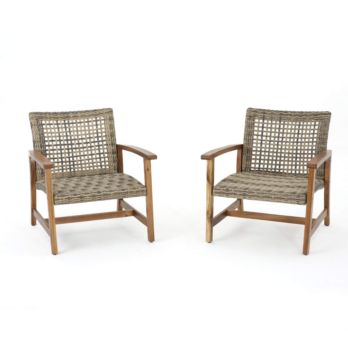 Christopher Knight Home Hampton Outdoor Mid-Century Wicker Club Chairs with Acacia Wood Frame, 2-Pcs Set, Natural Stained / Grey Christopher Knight Home