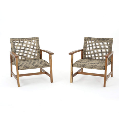 Christopher Knight Home Hampton Outdoor Mid-Century Wicker Club Chairs with Acacia Wood Frame, 2-Pcs Set, Natural Stained / Grey Christopher Knight Home