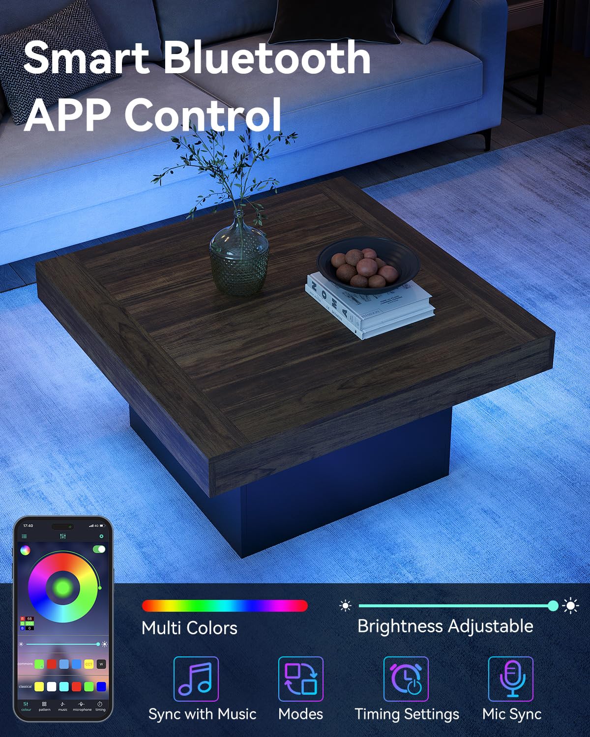 LITTLE TREE Square Coffee Table with LED Lights, 35-inch Living Room Tables, Modern Coffee Tables for Living Room, Brown and Black Wooden Center Table Cocktail Table for Home LITTLE TREE