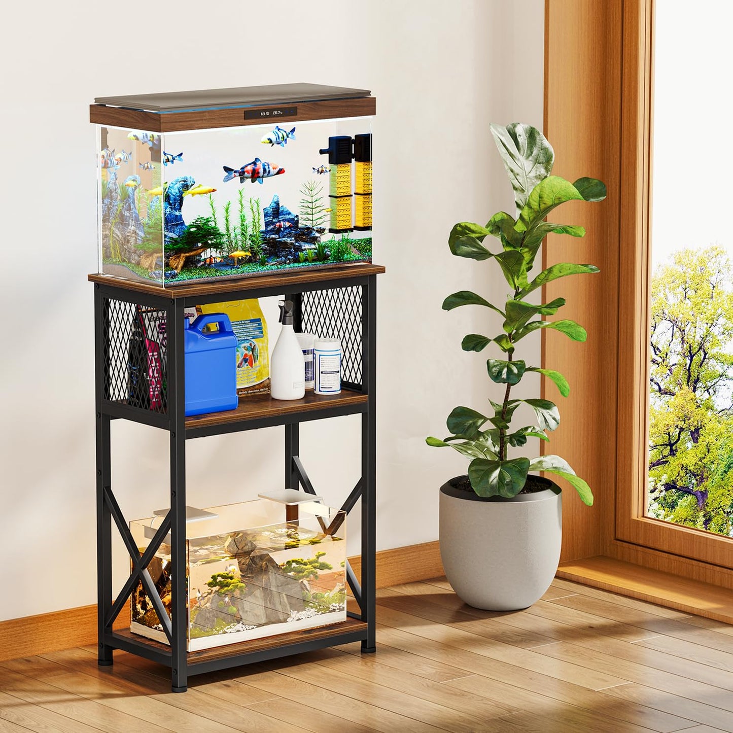 Snughome Fish Tank Stand, 10 Gallon Aquarium Stand with Storage, 3 Tier Heavy Metal Fish Tank Stand Fish Tank Shelf 20.47''L×11.42''W×30.91''H, Rustic Brown - WoodArtSupply