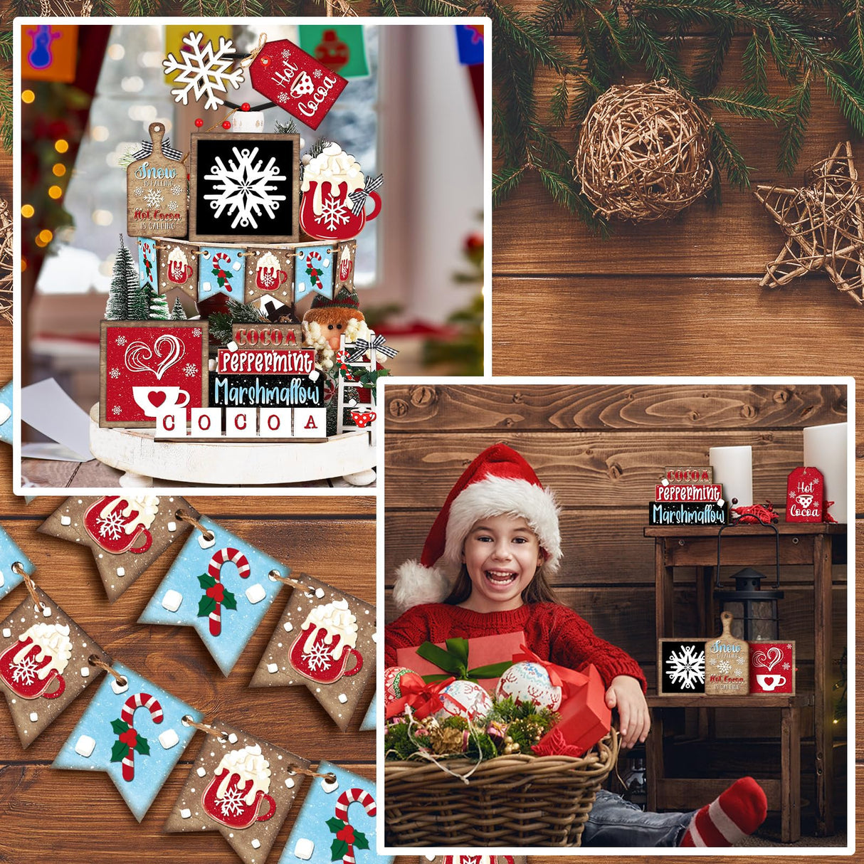 FairySandy 14 Pcs Christmas Tiered Tray Decor Set Christmas Wooden Sign Decor Rustic Farmhouse Snowfake Coffee Spice Blocks Winter Table Sign for Christmas Halloween FairySandy