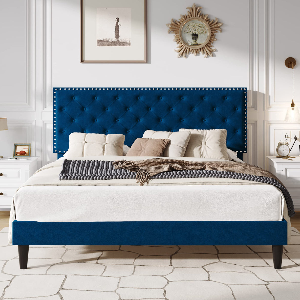 SHA CERLIN King Size Velvet Bed Frame with Adjustable Headboard, Diamond Button Tufted and Rivet Decor, No Box Spring Needed, Blue SHA CERLIN