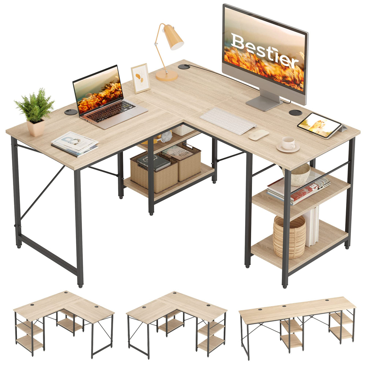 Bestier L Shaped Desk with Shelves 86.6 Inch Reversible Corner Computer Desk or 2 Person Long Table for Home Office Large Gaming Writing Storage Workstation P2 Board with 3 Cable Holes, Oak Bestier