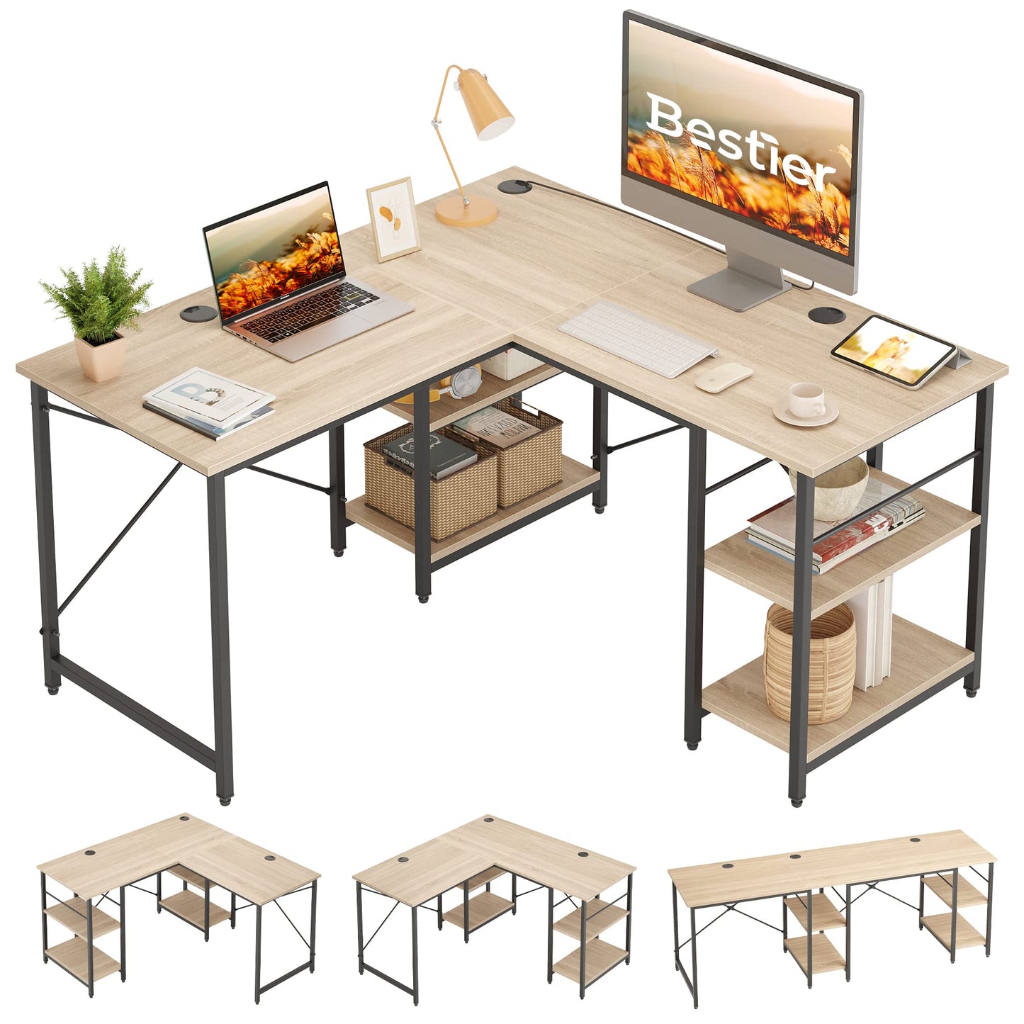 Bestier L Shaped Desk with Shelves 86.6 Inch Reversible Corner Computer Desk or 2 Person Long Table for Home Office Large Gaming Writing Storage Workstation P2 Board with 3 Cable Holes, Oak - WoodArtSupply