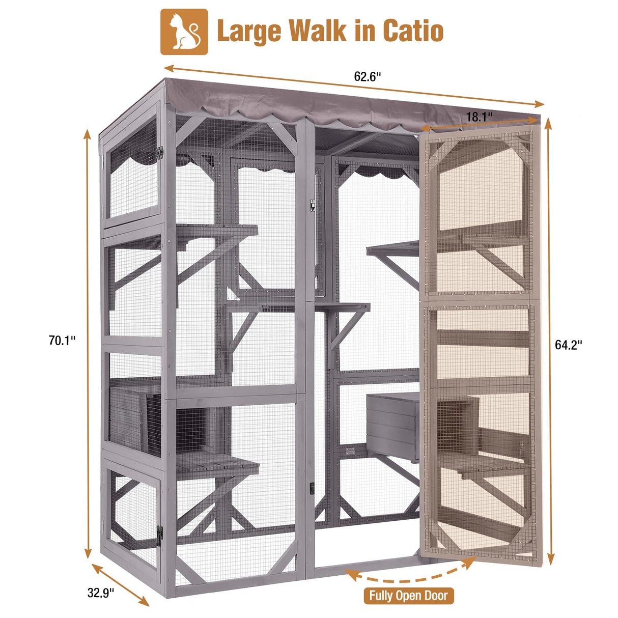 Large Catio Outdoor Cat Enclosure with Condos, Wood Catio Walk in Cat House, Kitty Shelter Indoor with Waterproof Roof Suumerpety