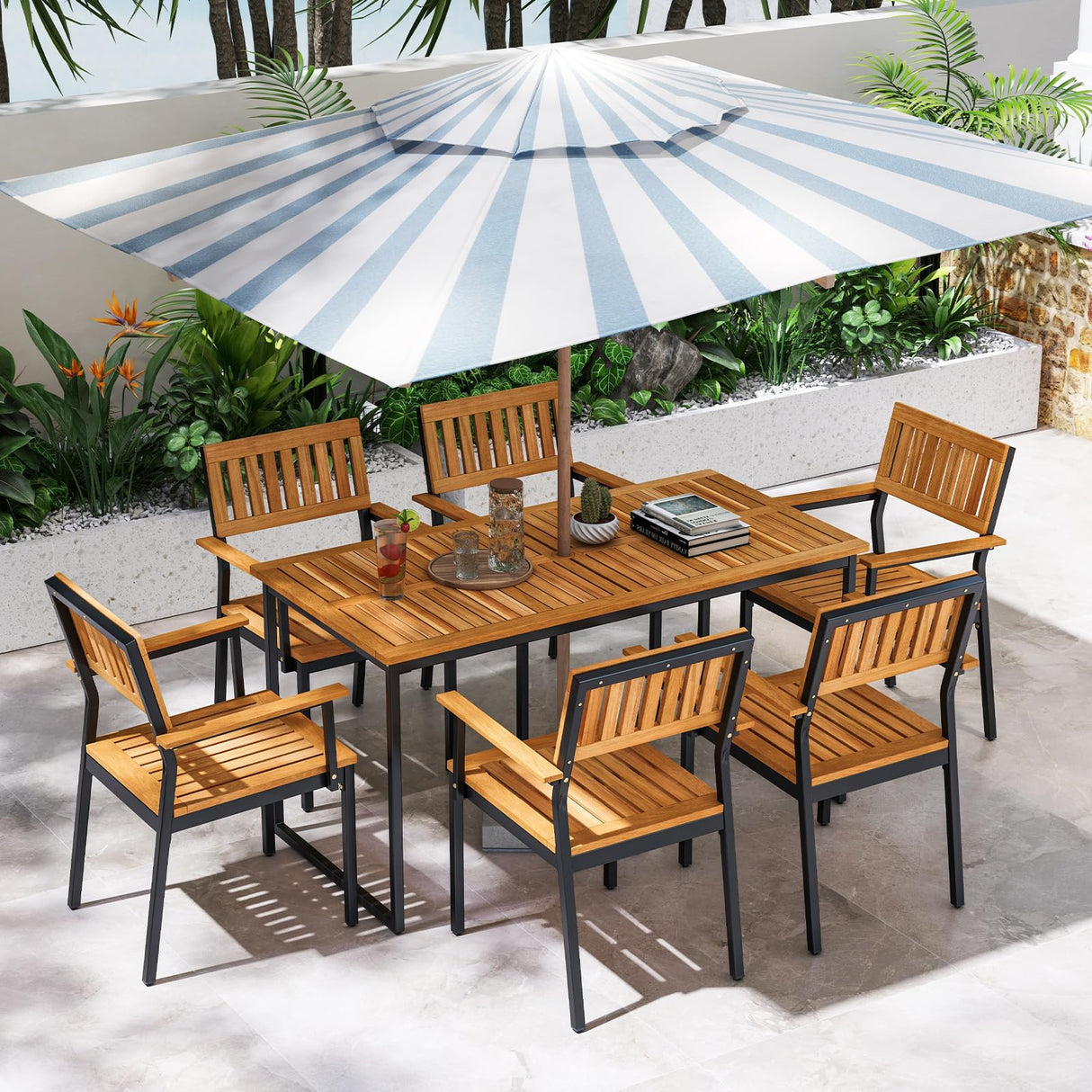 Tangkula 7 Piece Outdoor Dining Set for 6, Acacia Wood Rectangular Dining Table & 6 Armchairs w/Metal Frame, Umbrella Hole, Farmhouse Dining Furniture Set for Garden Porch Poolside Yard Tangkula