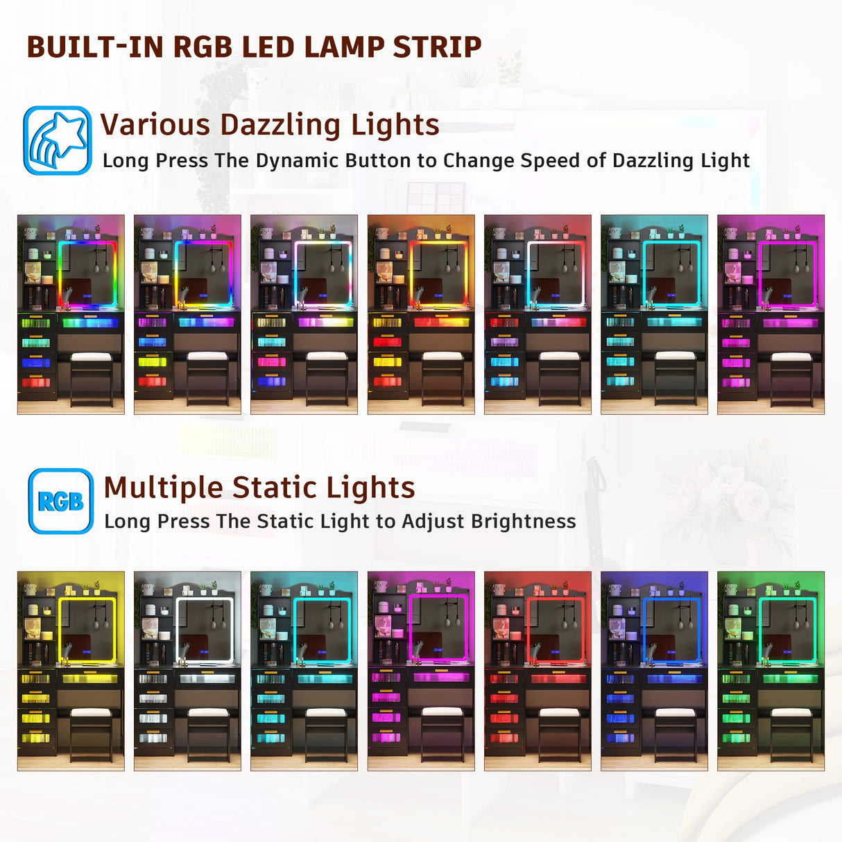 FOMNEY RGB LED Vanity Desk with Mirror and Lights, Makeup Vanity Desk with 3-in-1 Charging Station, Vanity Set with Stools＆Sliding Mirror, Make UP Table with 5 Drawers (Black) FOMNEY