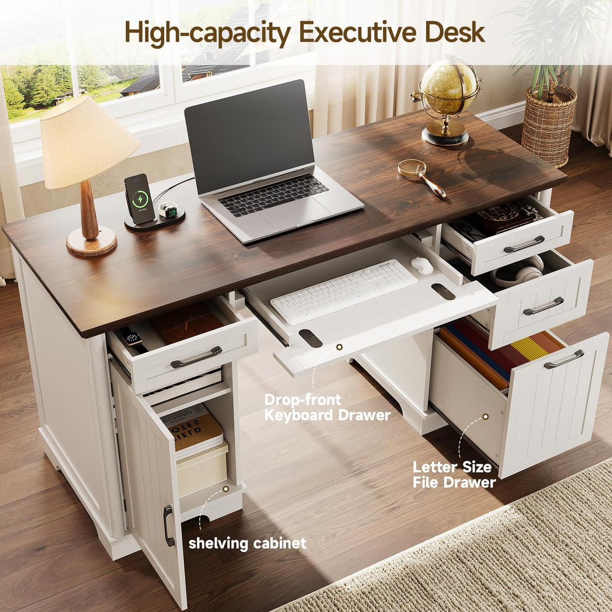 56" Farmhouse Executive Desk with File Drawer, Large Modern Computer Desk with Charging Station, Wood Home Office Desks with Storage, Adjustable Shelf, for Study Work Writing Living Room (White) ONBRILL