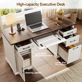 56" Farmhouse Executive Desk with File Drawer, Large Modern Computer Desk with Charging Station, Wood Home Office Desks with Storage, Adjustable Shelf, for Study Work Writing Living Room (White) ONBRILL