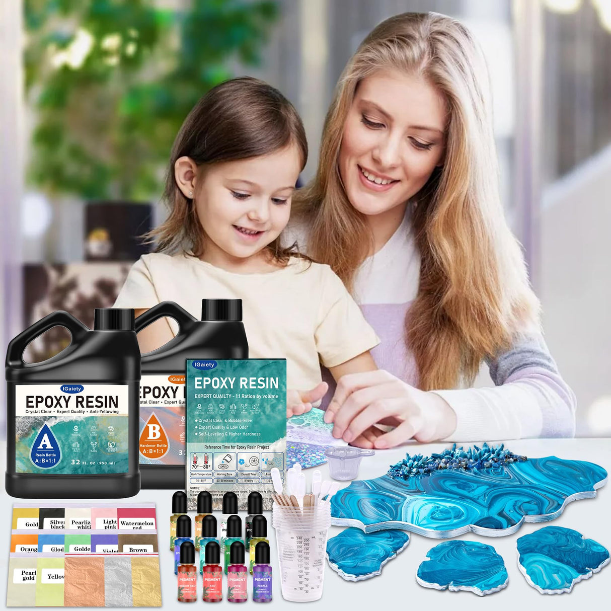 IGaiety Epoxy Resin, 64 OZ Epoxy Resin Kit, Fast Curing Clear Resin Epoxy Casting and Coating Epoxy Kit No Yellowing Resin High Gloss Craft Resin for Wood Table Top, DIY Art Crafts (32 OZ+32 OZ) IGaiety