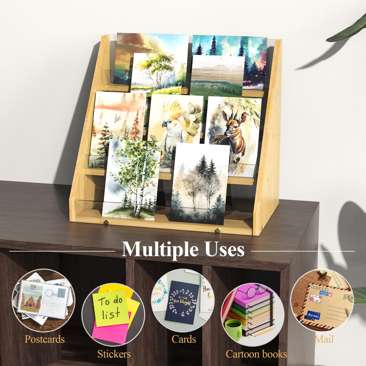 NiHome 4-Tier Bamboo & Acrylic Greeting Card Display Stand for Cards, Photos, Postcards - Durable Stylish Showcase Organizer with High-Transparency Panels for Home, Wedding & Keepsakes NiHome