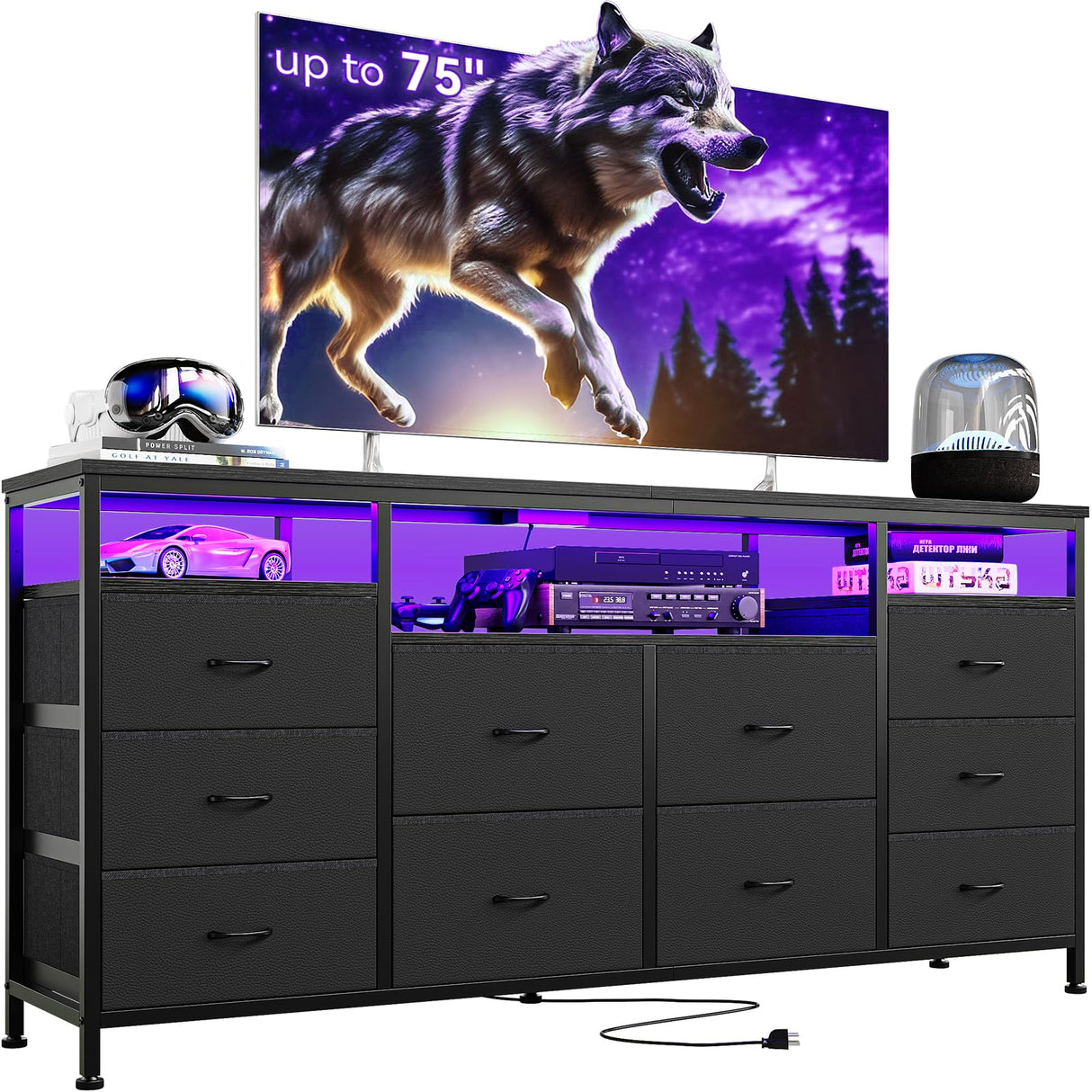 63.3 Inch Black Dresser for Bedroom, 10 Drawer Dresser TV Stand for 65 70 75 Inch TV, Fabric Chest of Drawers with LED Lights & Power Outlets, Long Entertainment Center for Closet, Living Room, Entryw GarveeHome
