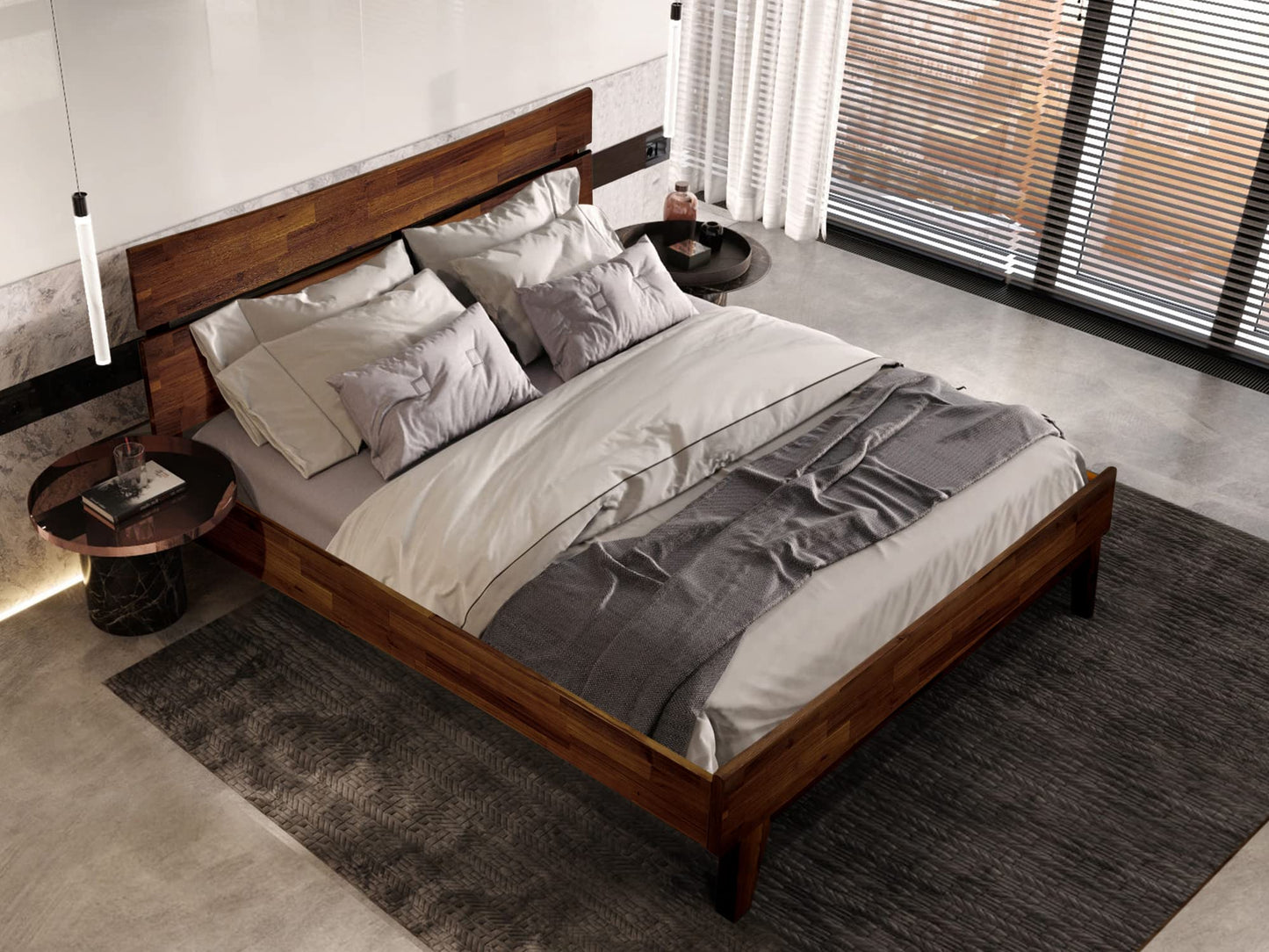 Acacia Aurora Wooden Bed Frame with Headboard, Solid Wood Platform Bed with Wood Slat Support, No Box Spring Needed, King (U.S. Standard), Chocolate, 14 Inch, V1