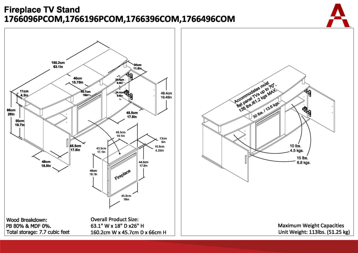 Ameriwood Home Carson Fireplace TV Stand for TVs up to 70 Inch, Replaceable Electric Fireplace Insert Heater, Realistic Log and Flame Effect, For Living Room or Bedroom, Black Ameriwood Home